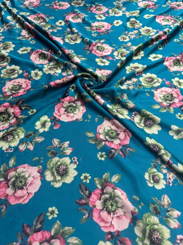 Blue Floral Printed Satin Fabric 