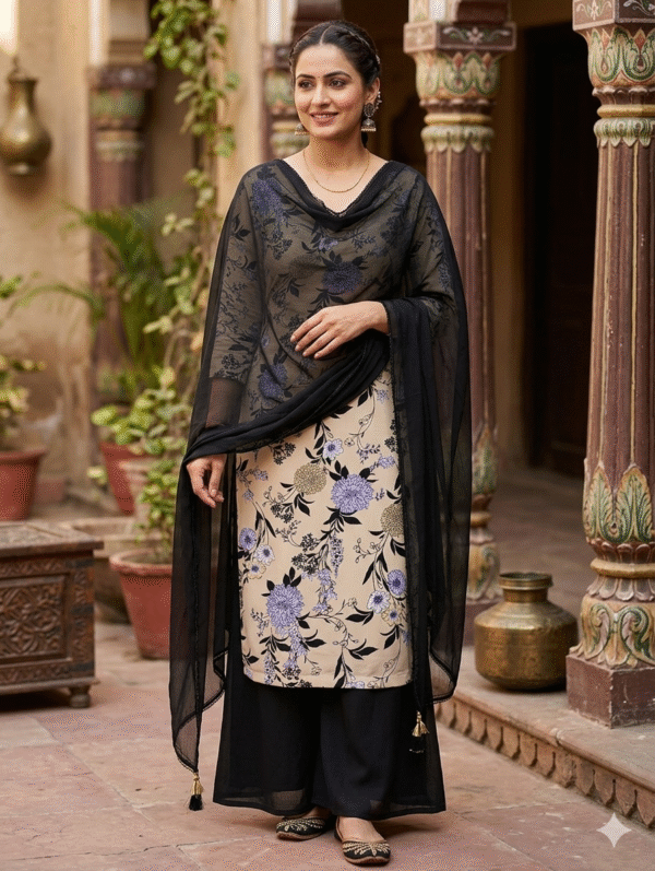 Export cambric printed cotton kurta fabric with plain black bottom fabric (without dupatta)