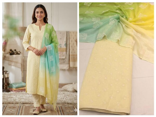 Pure mal cotton fabric(Embroidered kurta fabric with plain bottom fabric) with dupatta.  Kurta fabric - 2.5 meter  Bottom fabric - 2.5 meter  Dupatta - 2.5 meter