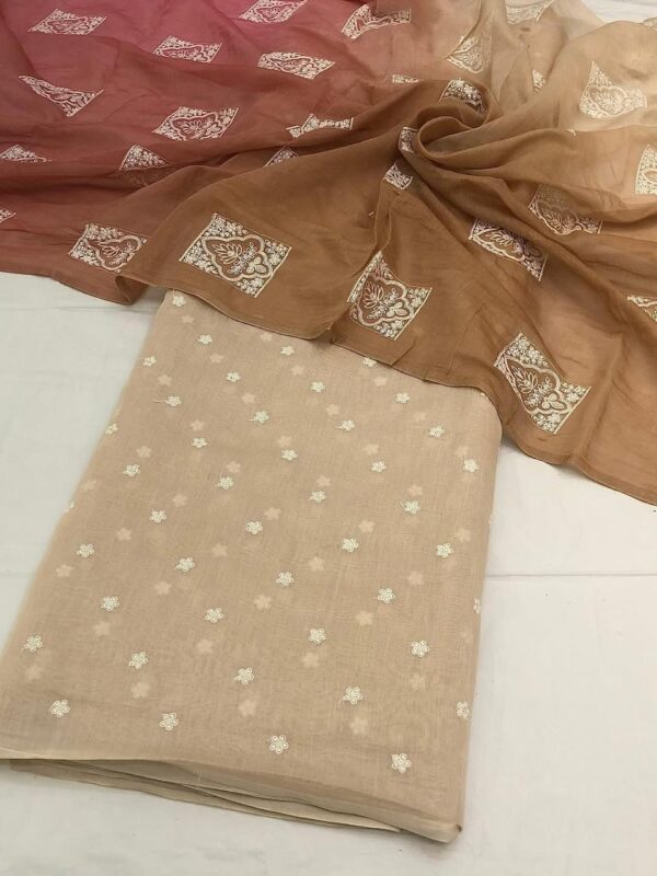 Pure mal cotton fabric(Embroidered kurta fabric with plain bottom fabric) with dupatta.  Kurta fabric - 2.5 meter  Bottom fabric - 2.5 meter  Dupatta - 2.5 meter
