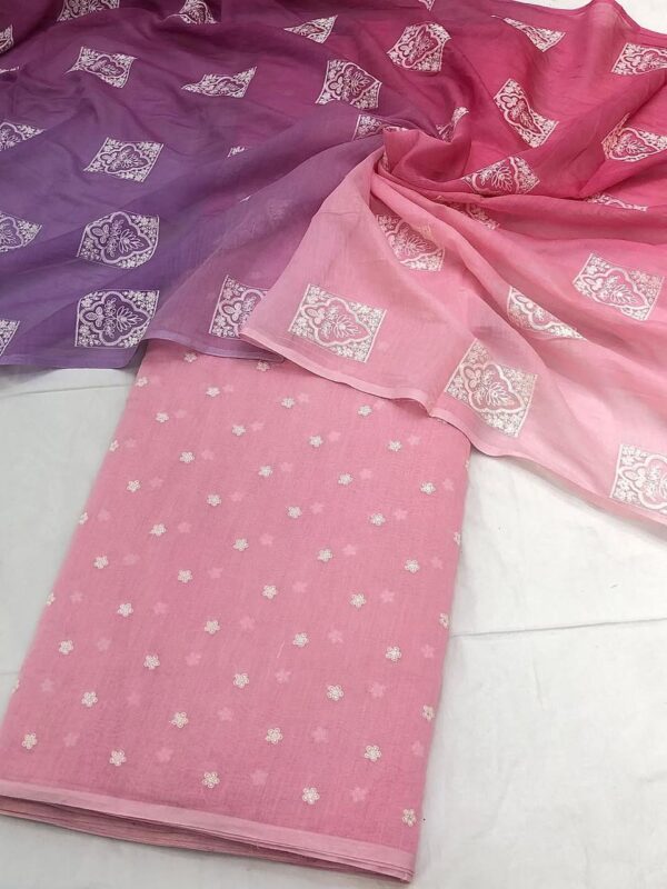 Pure mal cotton fabric(Embroidered kurta fabric with plain bottom fabric) with dupatta.  Kurta fabric - 2.5 meter  Bottom fabric - 2.5 meter  Dupatta - 2.5 meter
