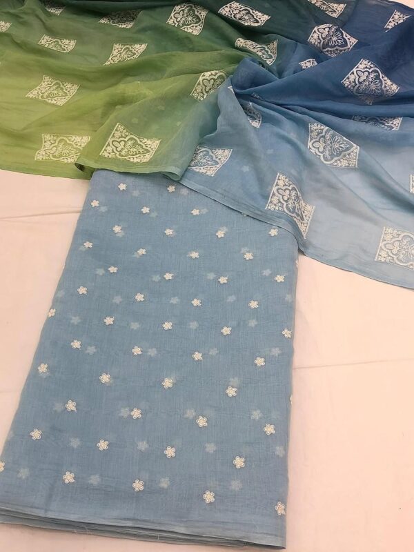 Pure mal cotton fabric(Embroidered kurta fabric with plain bottom fabric) with dupatta.  Kurta fabric - 2.5 meter  Bottom fabric - 2.5 meter  Dupatta - 2.5 meter