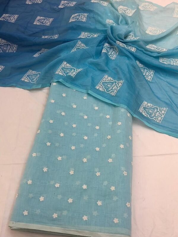 Pure mal cotton fabric(Embroidered kurta fabric with plain bottom fabric) with dupatta.  Kurta fabric - 2.5 meter  Bottom fabric - 2.5 meter  Dupatta - 2.5 meter