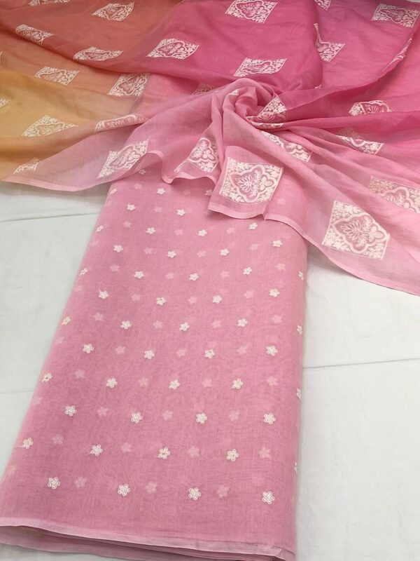 Pure mal cotton fabric(Embroidered kurta fabric with plain bottom fabric) with dupatta.  Kurta fabric - 2.5 meter  Bottom fabric - 2.5 meter  Dupatta - 2.5 meter