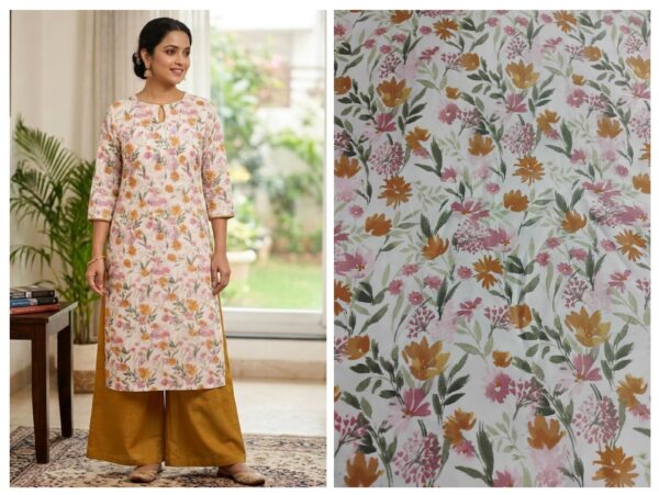 Export jam cotton print fabric (190/meter)(60'' width approx)  kurta/shirt - 2 meter,  Co-ord set / night suit - 3 meter,  All over suit - 4 meter,  Frock suit - 5 meter.